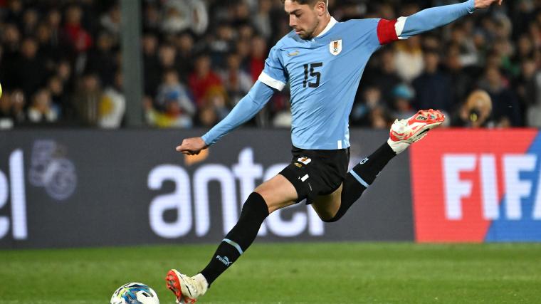 Federico Valverde prepares to take a shot for Uruguay