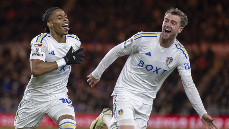 Crysensio Summerville and Patrick Bamford celebrate a goal for Leeds United