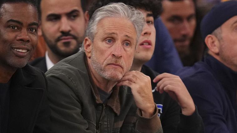 Hilarious angle shows Jon Stewart stunned by Tyrese Maxey's season-saving three