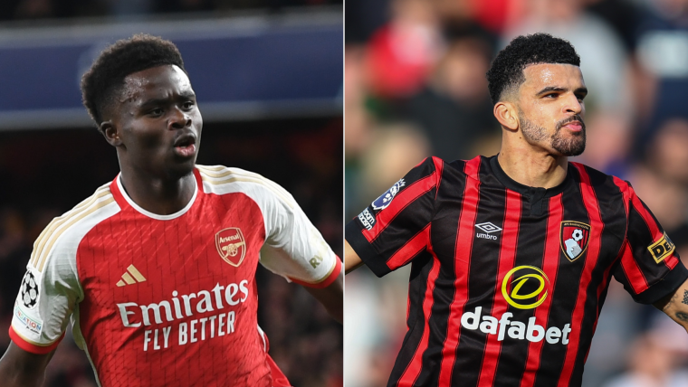 Bukayo Saka of Arsenal and Dominic Solanke of Bournemouth split